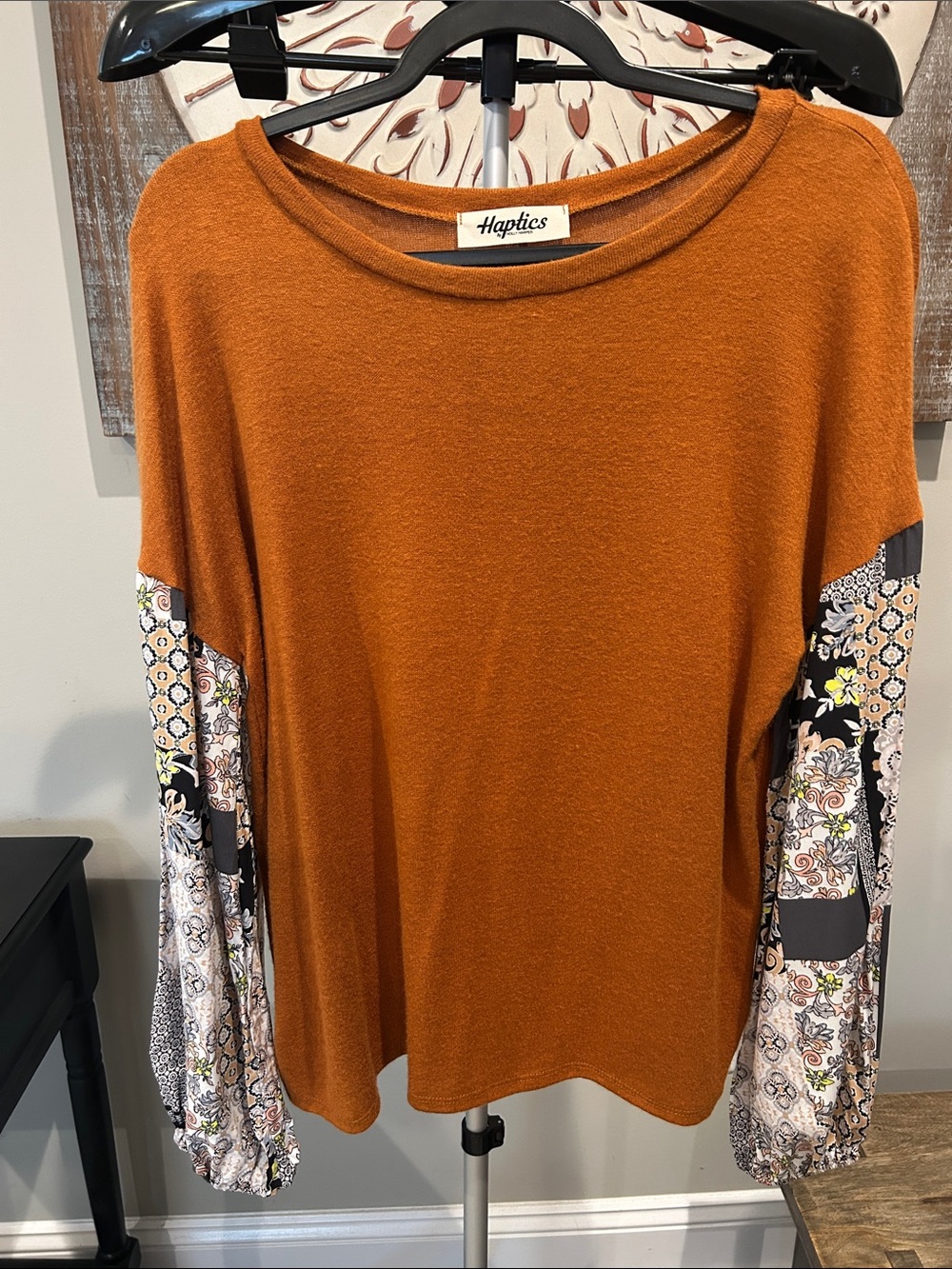 Haptics Women's Burnt Orange top with Patterned Sleeve Panels Size Small boho